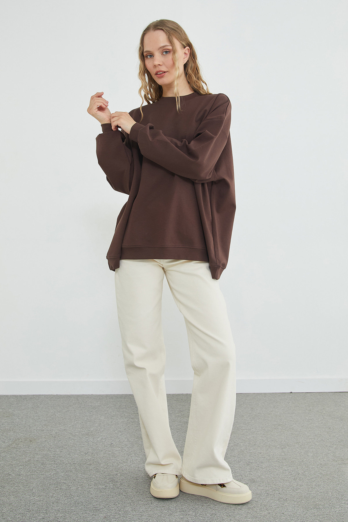 Fulla Moda Basic Bisiklet Yaka Oversize Sweatshirt görsel 3