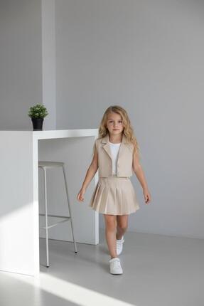 bubiee baby Kız Çocuk Askılı Bluzlu Pembe Crop Yelekli ve Pileli Etekli Alt Ü...