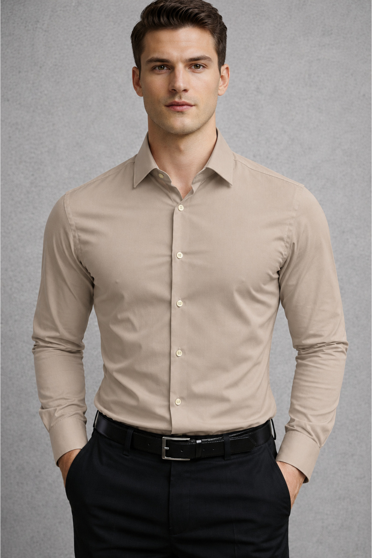 Slim Fit Uzun Kollu Kolay Ütü Teri Emen Nefes Alan Doku Kravatlık Dört Mevsim Erkek Gömlek — قهوه‌ای ZKV-5000