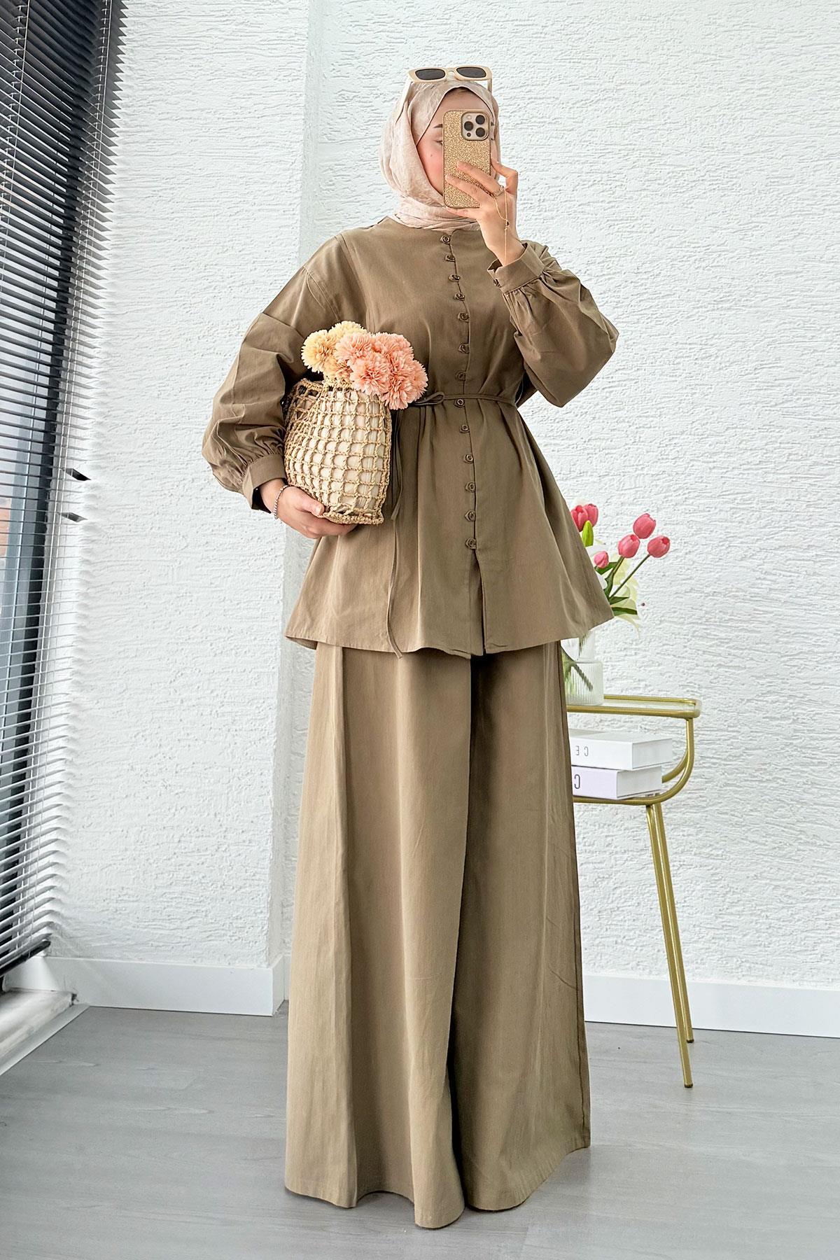 MELEK ARAZ Premium Oversize Buttoned Linen Suit - Khaki