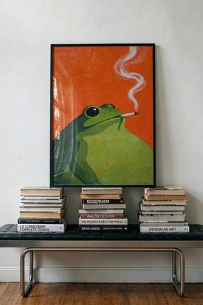 TabloRosa Siyah Çerçeveli Modern Dekoratif Poster Tablo – Smoking Frog | Sürr...
