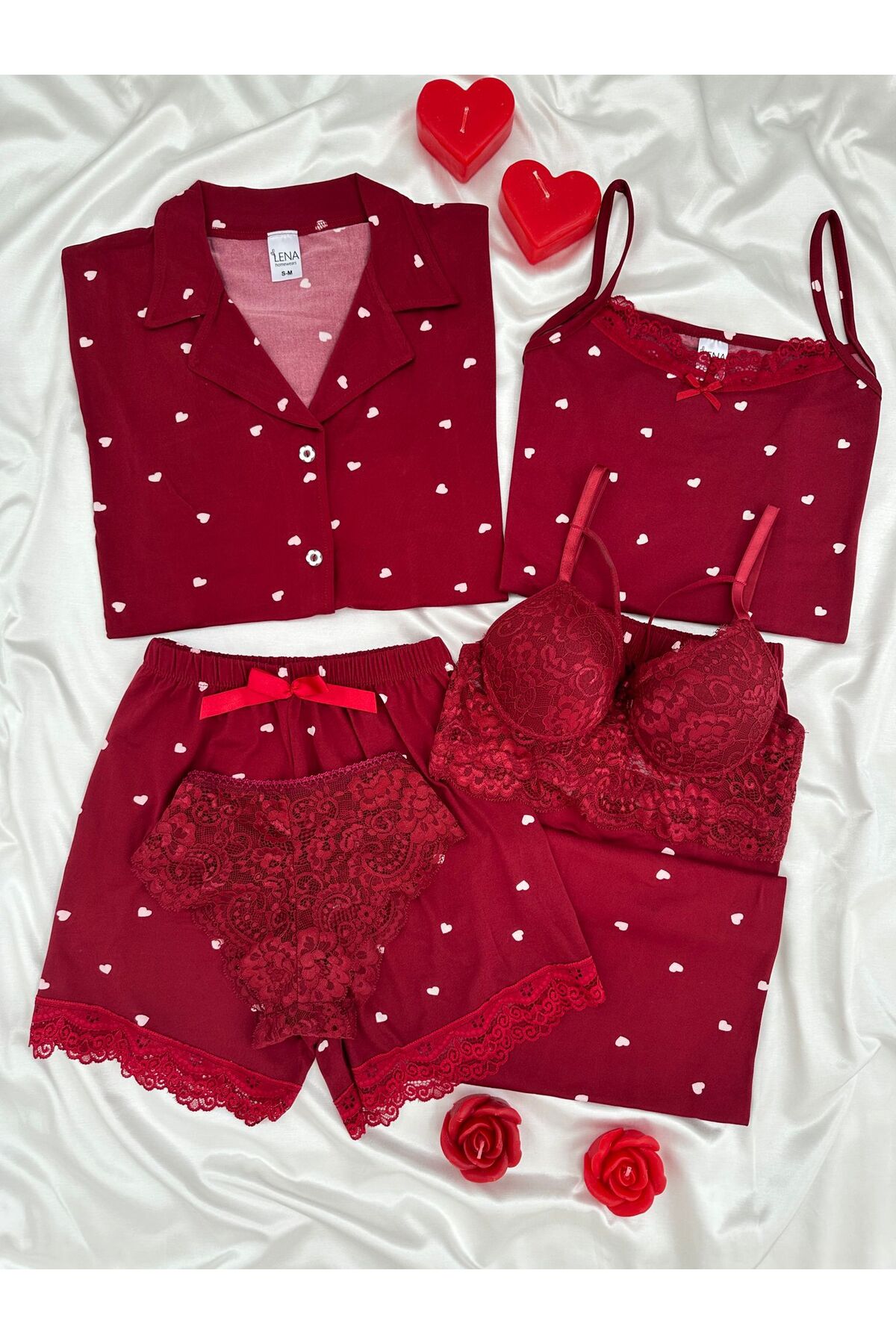 Women's Heart Pattern 6-Piece Pajamas Set with Underwear – Long Leg Pajamas Set with Strap and Shorts