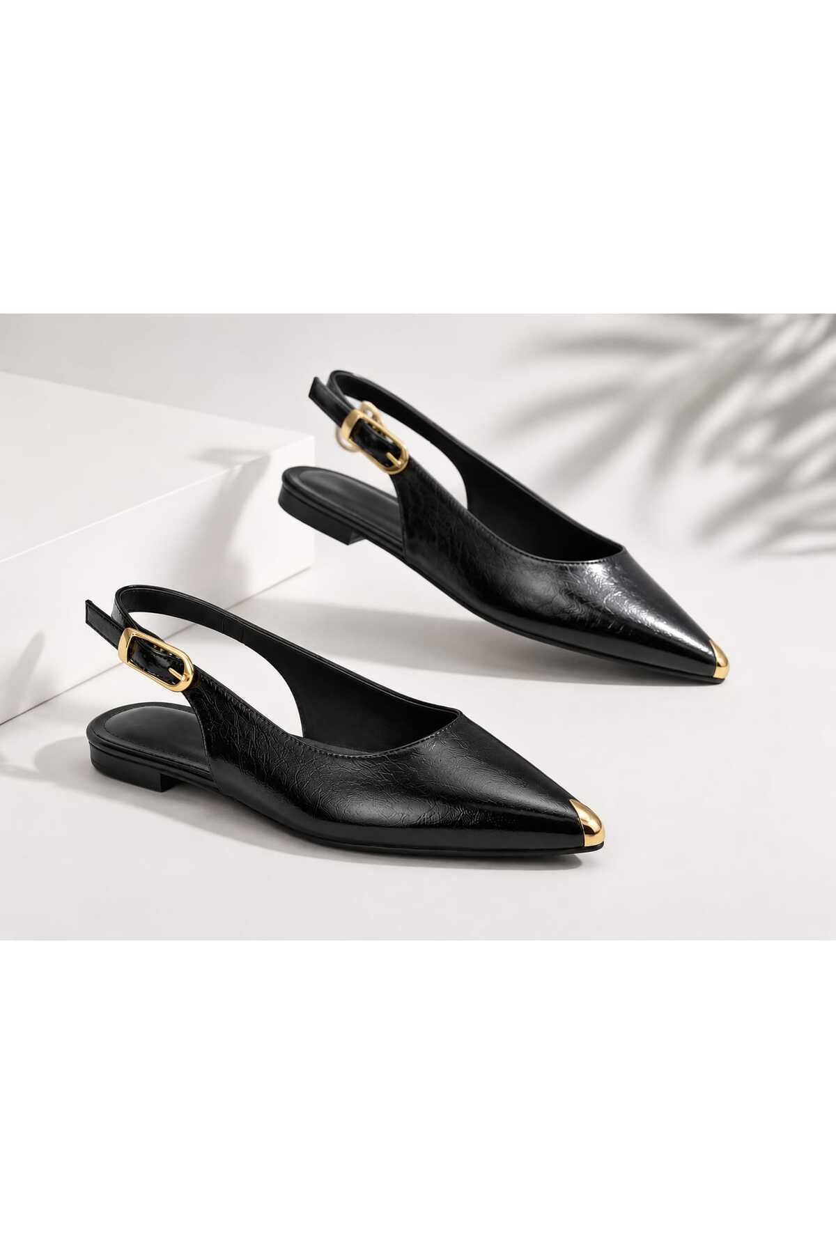 CİMİLİ SHOES Kadın Siyah Kırışık Rugan Metal Burunlu Detay Babet görsel 7