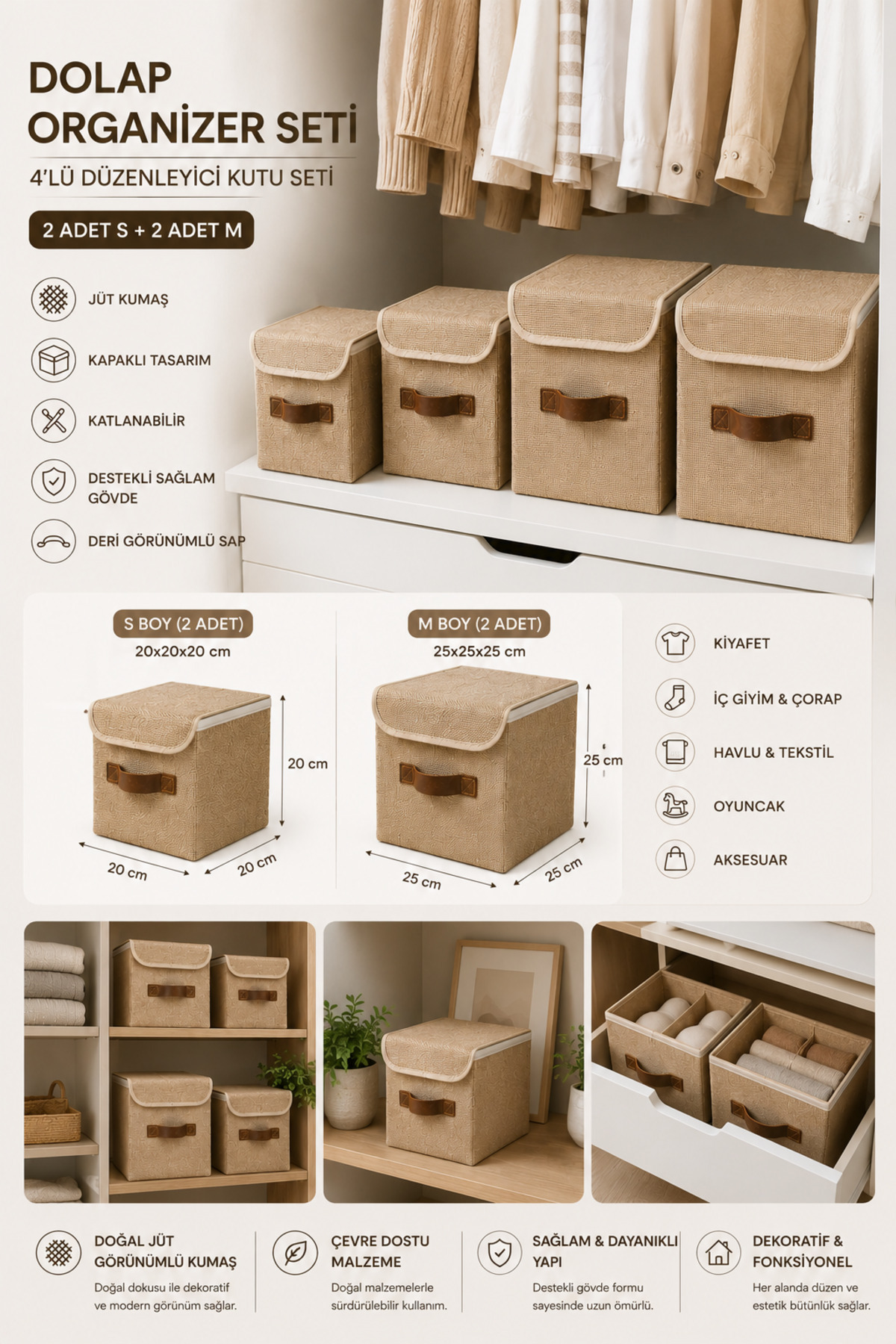 Dathcha Dolap Düzen Seti 4'lü Organizer Kutu – 2 Adet 20x20x20 cm