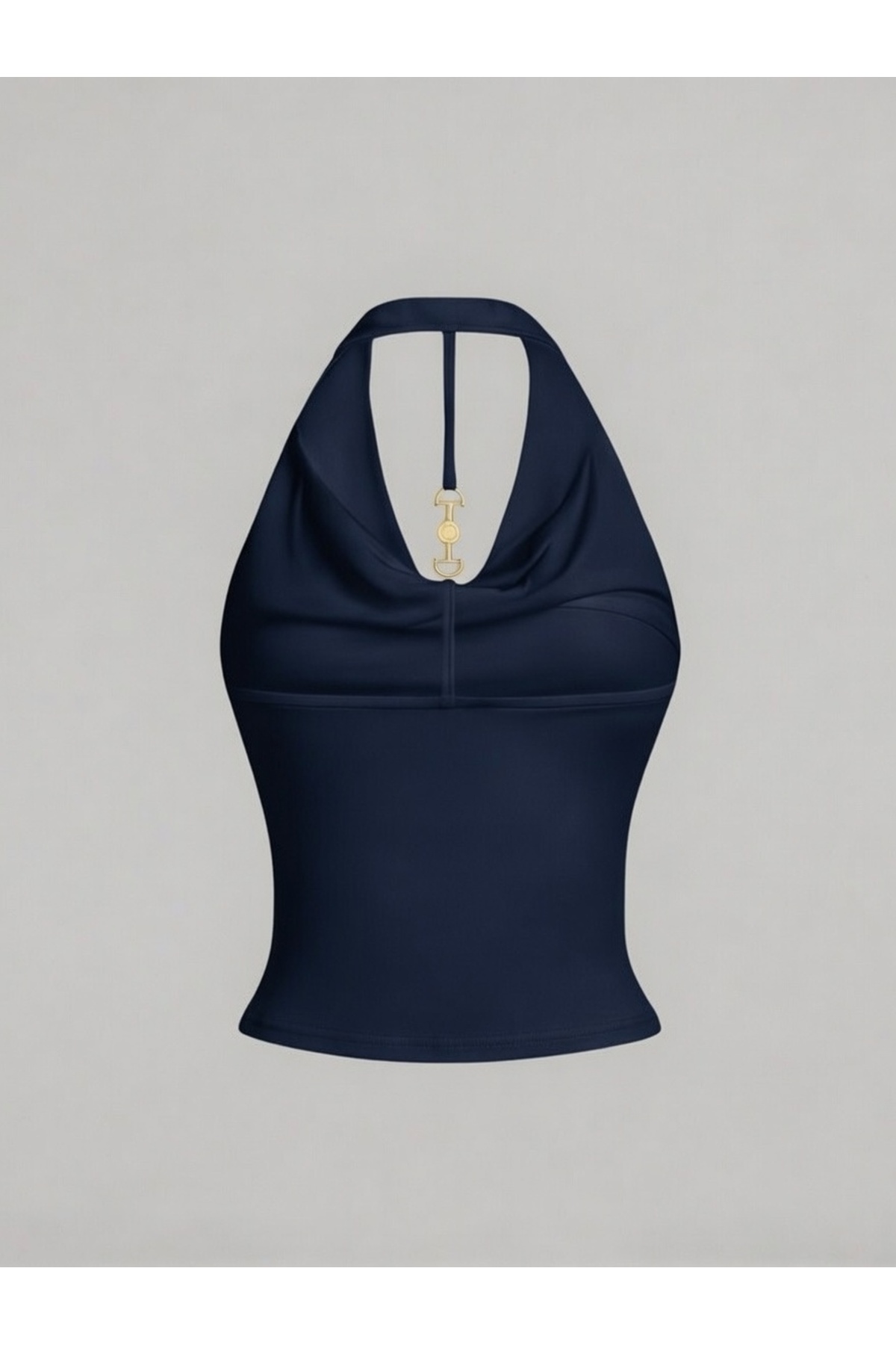 Wildco  Lacivert Degaje Yaka Halter Crop Bluz Metal Aksesuar Detaylı Slim Fit Kadın Bluz - Görsel 4