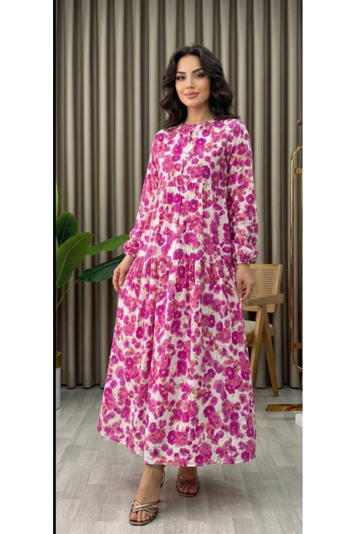 Dagü Design Women's Hijab Pink Floral Comfortable Fit Modal Dress
