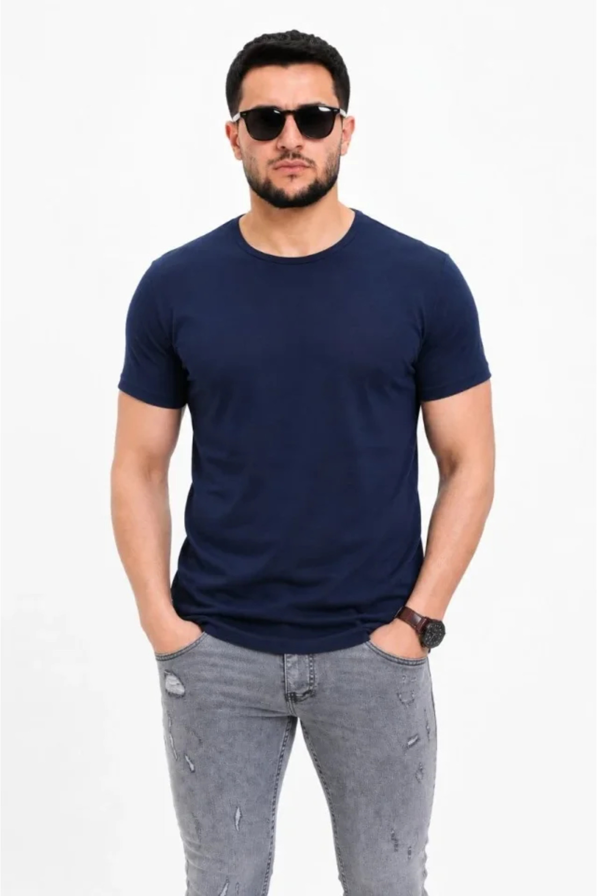 Erkek Basic Tişört Bisiklet Yaka Kısa Kol Günlük Yazlık Slim Fit T-Shirt - Lacivert alternatif görünüm