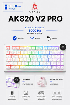 Ajazz Ak820 V2 Pro 8K+8K Ekranlı Mekanik Oyun Klavyesi-10.000 Mah Batarya
