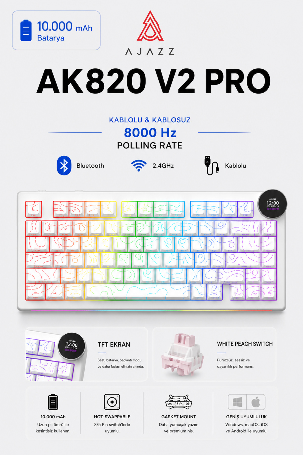 Ajazz Ak820 V2 Pro 8K+8K Ekranlı Mekanik Oyun Klavyesi-10.000 Mah