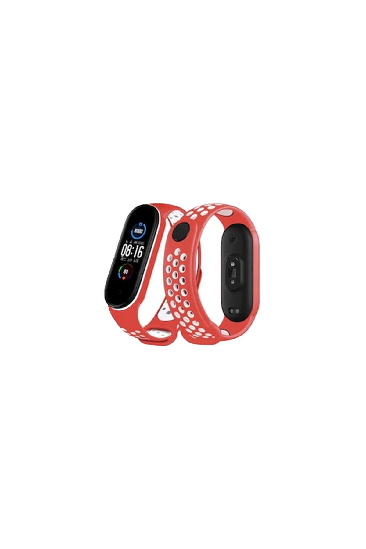Xiaomi Mi Band 6 Spor Delikli Kordon - Kırmızı-beyaz
