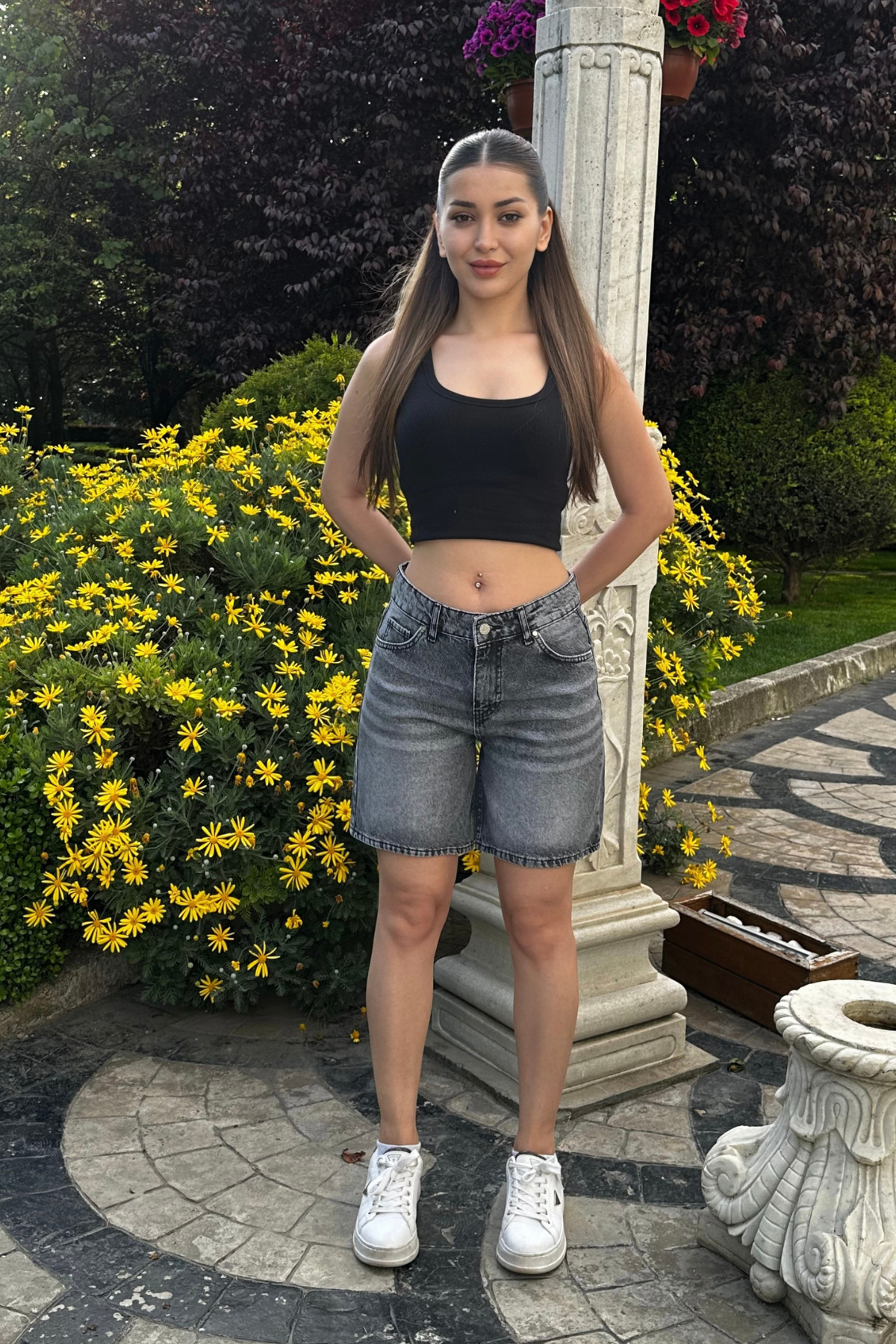 Kadın Vintage Efektli Yüksek Bel 5 Cepli Straight Fit Şort Jeans antrasit 5