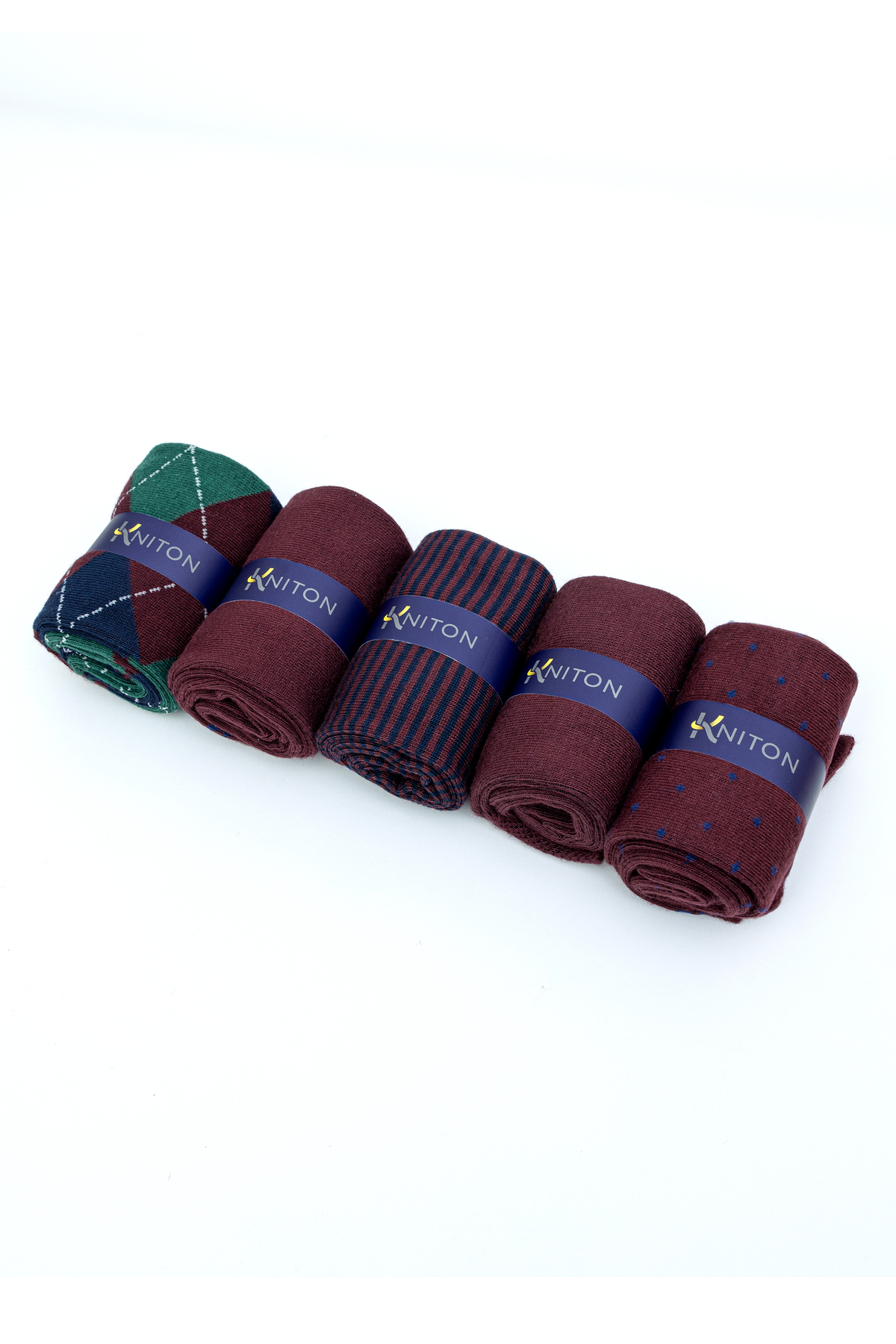 KNITON Dikişsiz Bambu Çorap Jakarlı Bordo Renk Desenli Erkek Çorap Kutulu 5 Çift Premium Uzun Soket Mix Çorap Bambu görsel 2