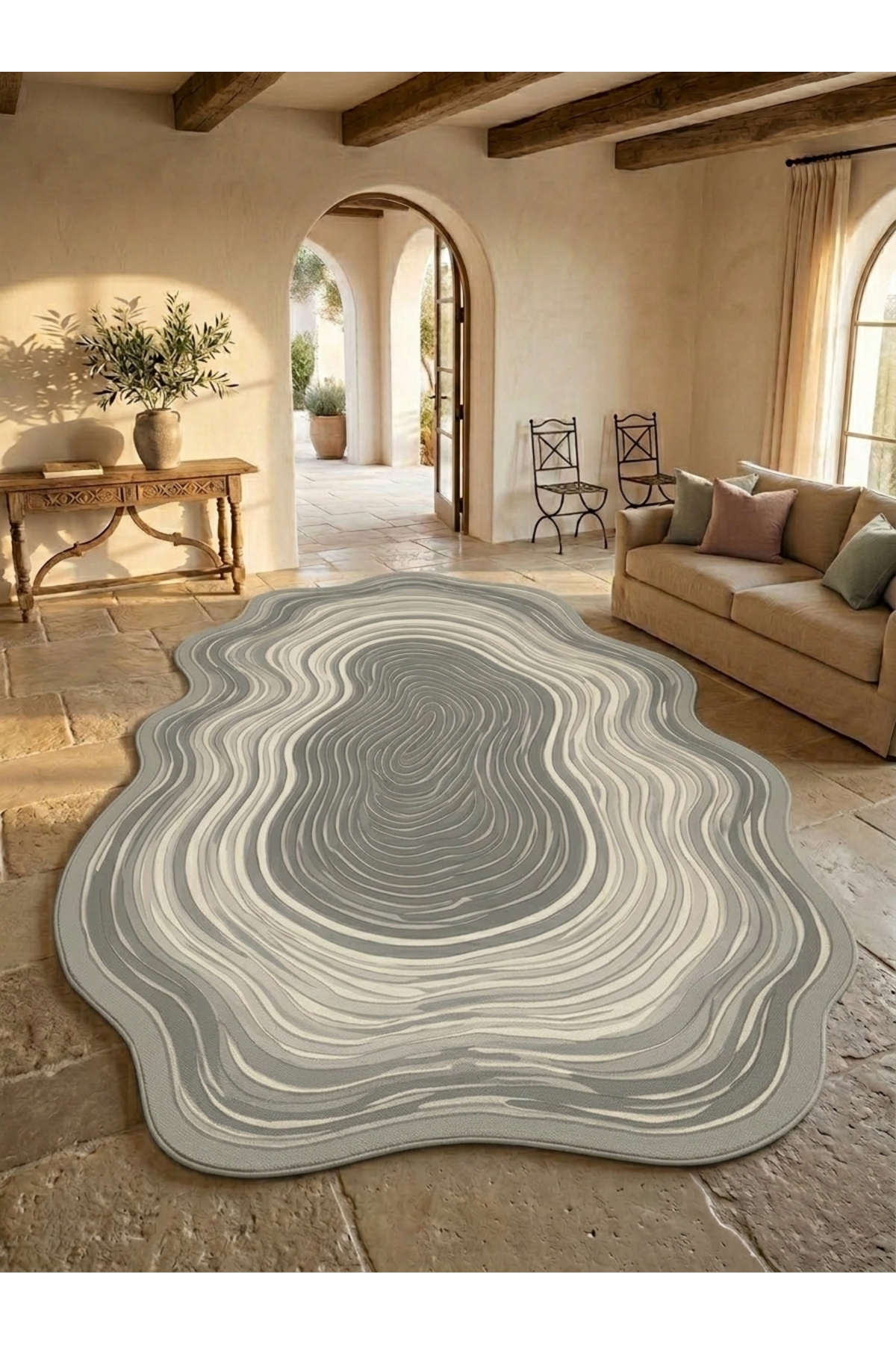 SDT Natural Tree Section Patterned Gray Cream Tone Woven Base Decorative Carpet sdt1382