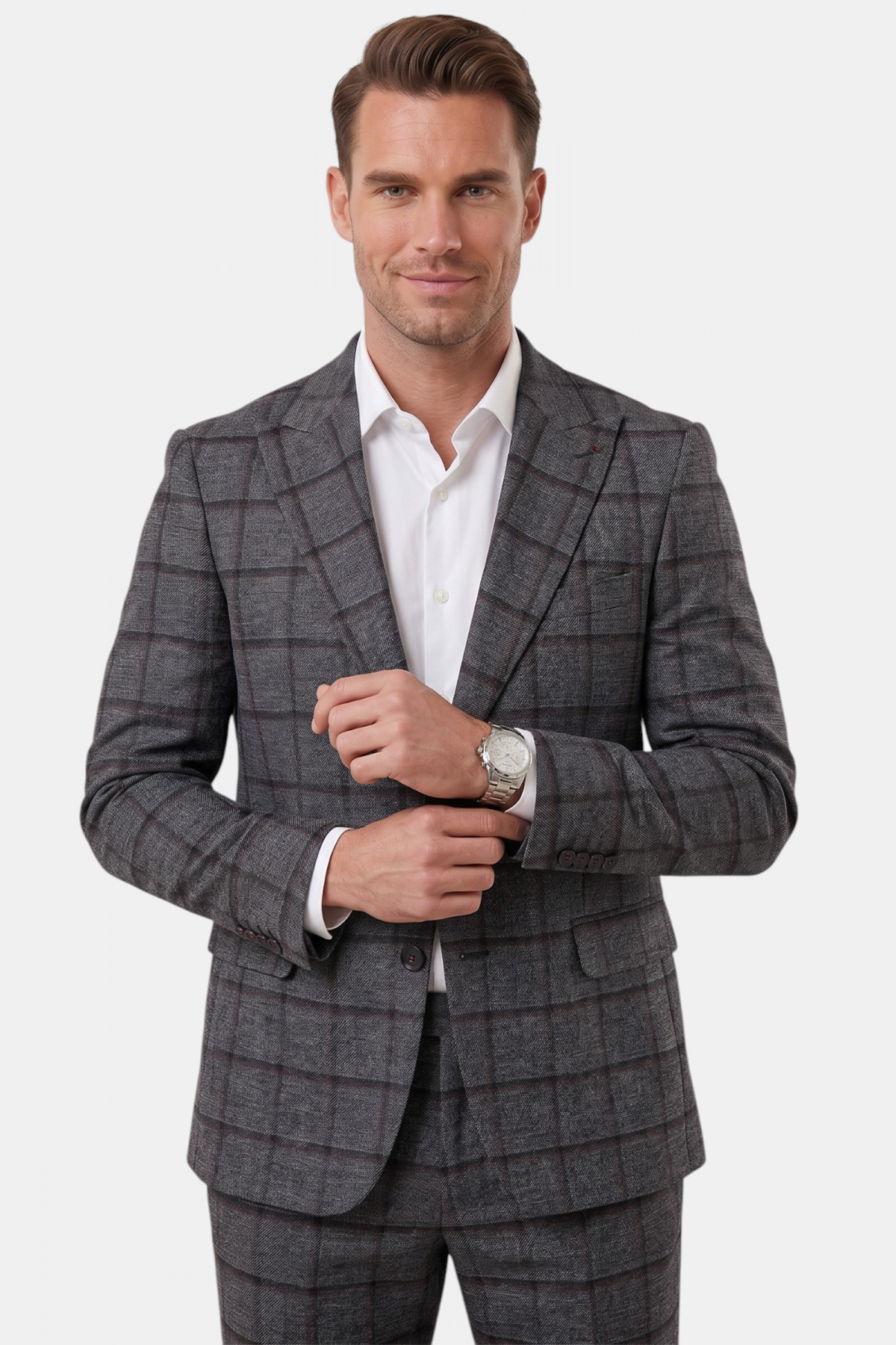 Antrasit Kare Desenli Slim Fit Erkek Takım Elbise – Çift Düğme Çift Yırtmaç 2’li Takım 2601812 — رنگارنگ OWEEY2601812 — تصویر 2 از 6