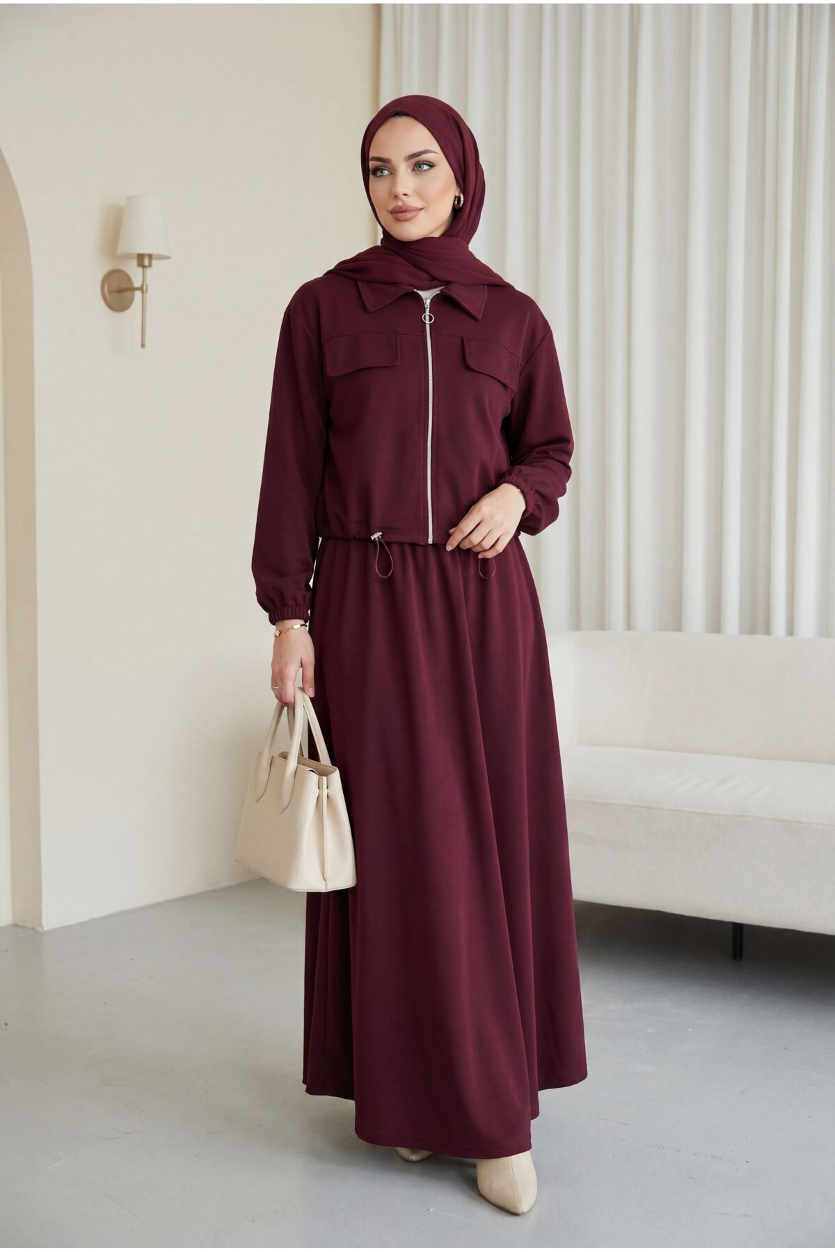 Modamorfo Zippered Waistband with Elastic Detail, Shirt Collar, Pocket Cover Set - Burgundy