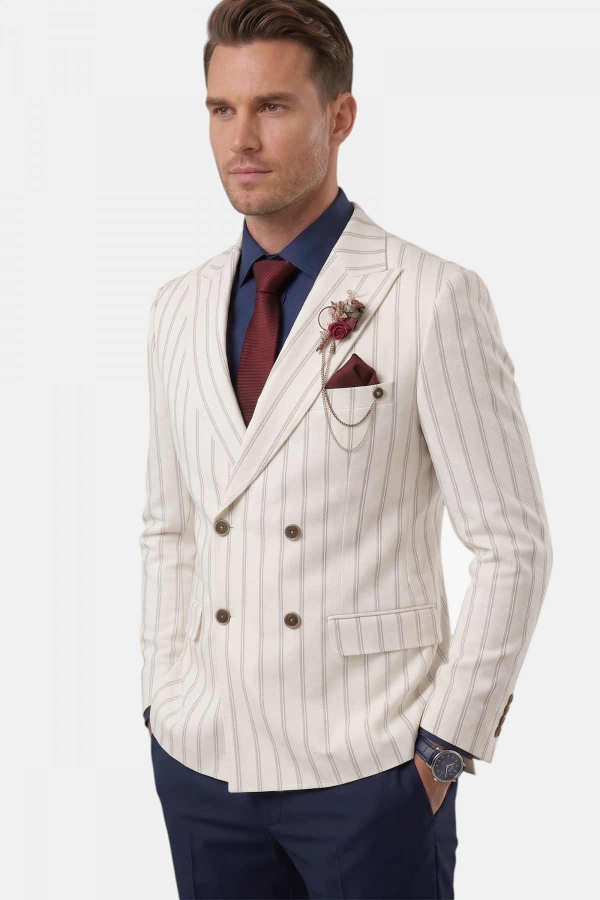 Rizz up Men's White Striped Double-Breasted Blazer Jacket – Slim