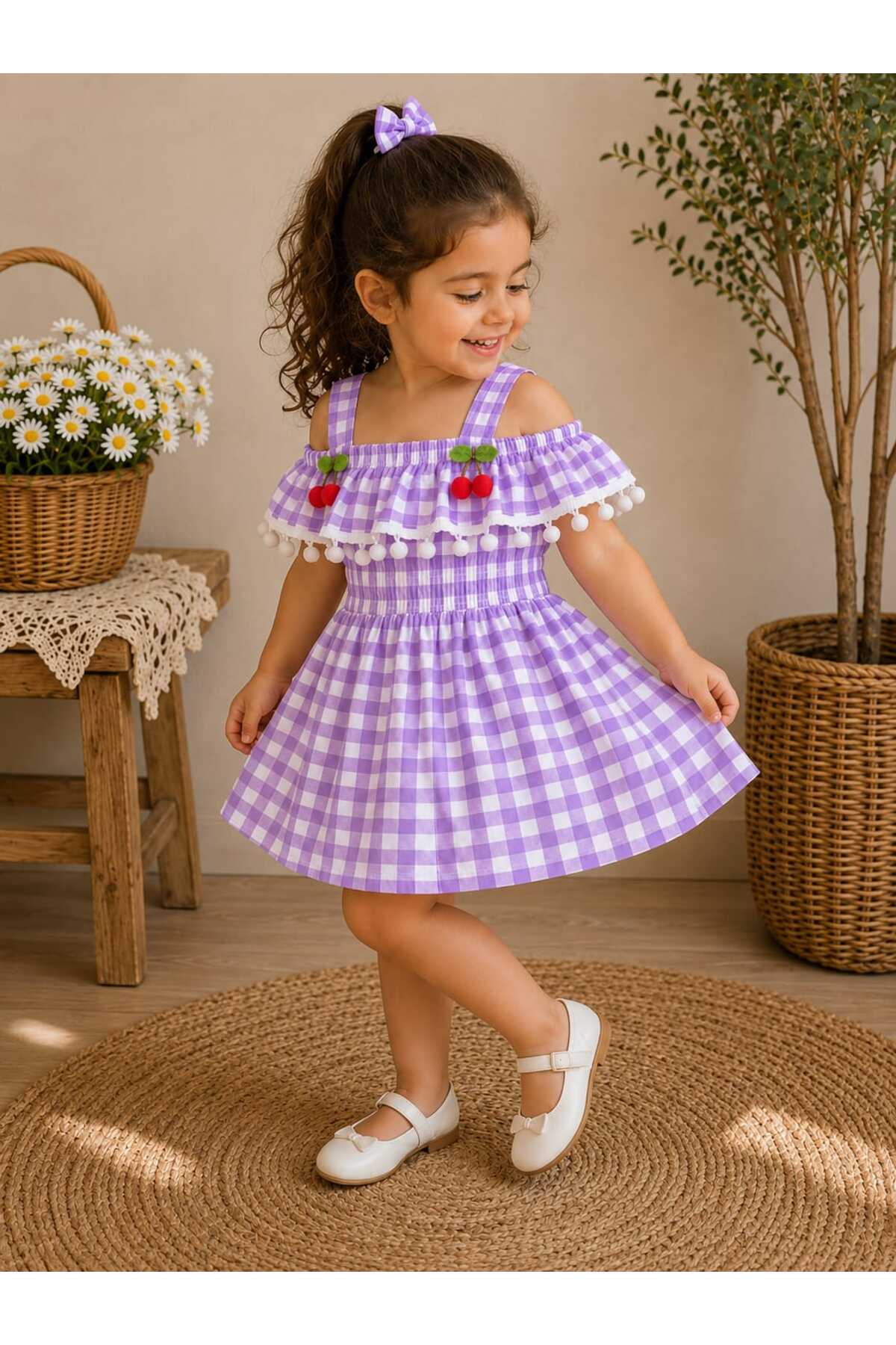 krm kerem bebe Kiraz Detaylı Ponponlu Pötikare Kız Çocuk Elbise