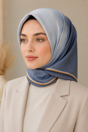 Luvina Giyim Luvina Soft Mavi Gri / Altın Lacivert Çizgi Detaylı Eşarp