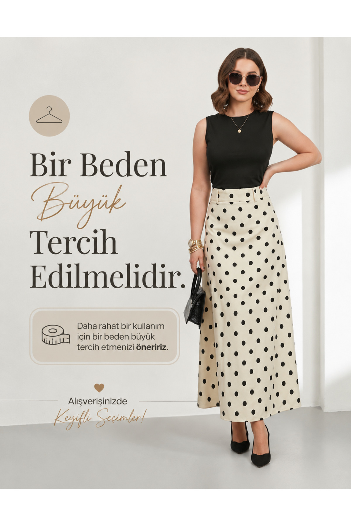Kemer Detay Fermuarlı Poplin Kumaş Puantiye Desen Uzun Etek - Krem (Tesettüre Uygundur)