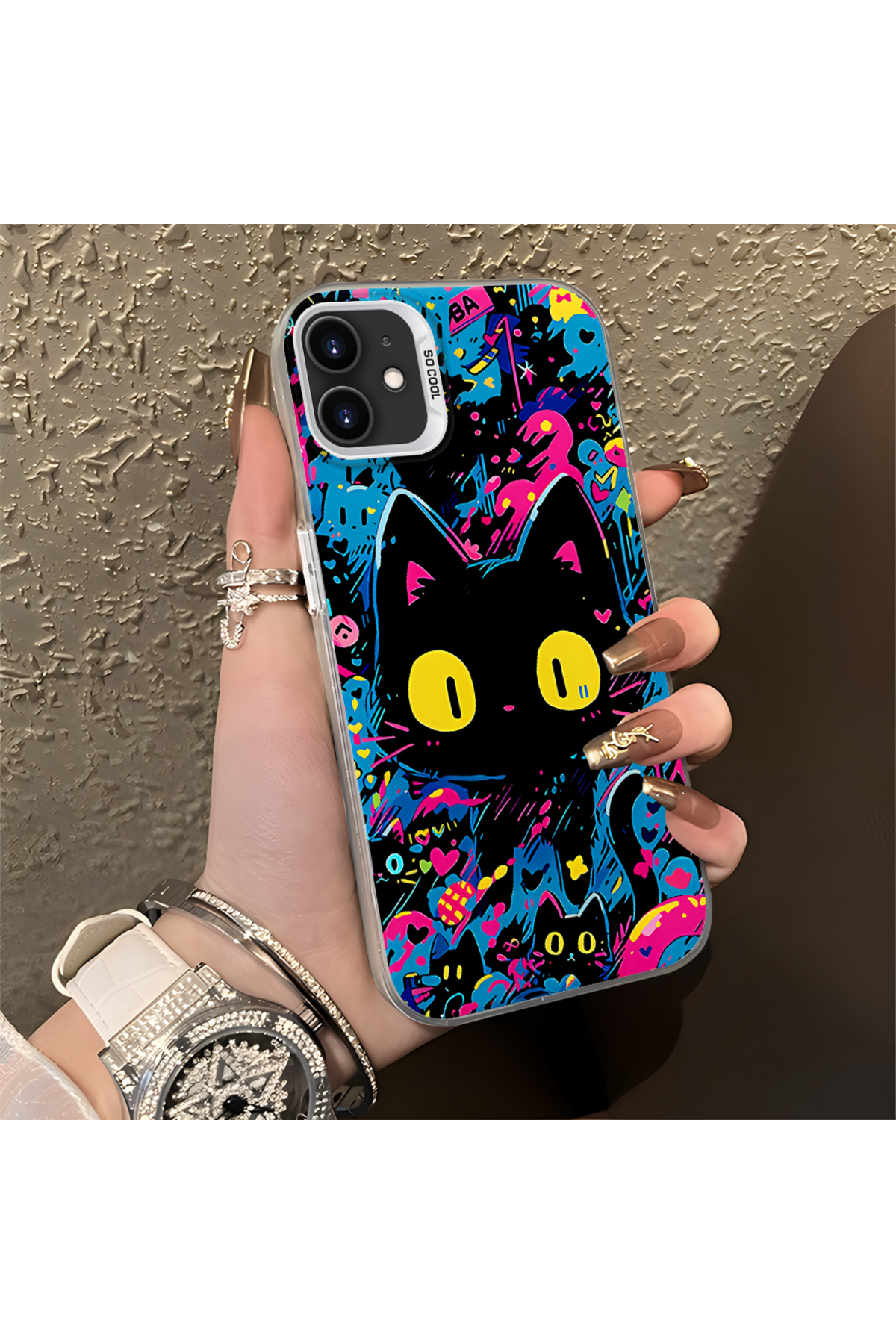 iPhone 11 Compatible Silicone Edge Hard Back Case Couple Phone Case with Cat Pattern