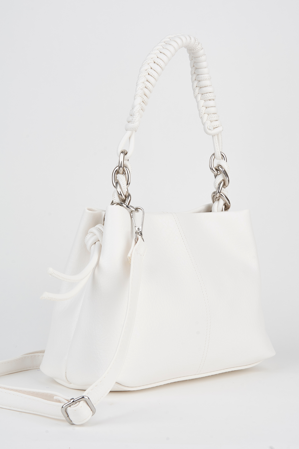 Women's White Faux Leather Mesh Strap Lined Zipper Closure Hand Sleeve And Shoulder Bag