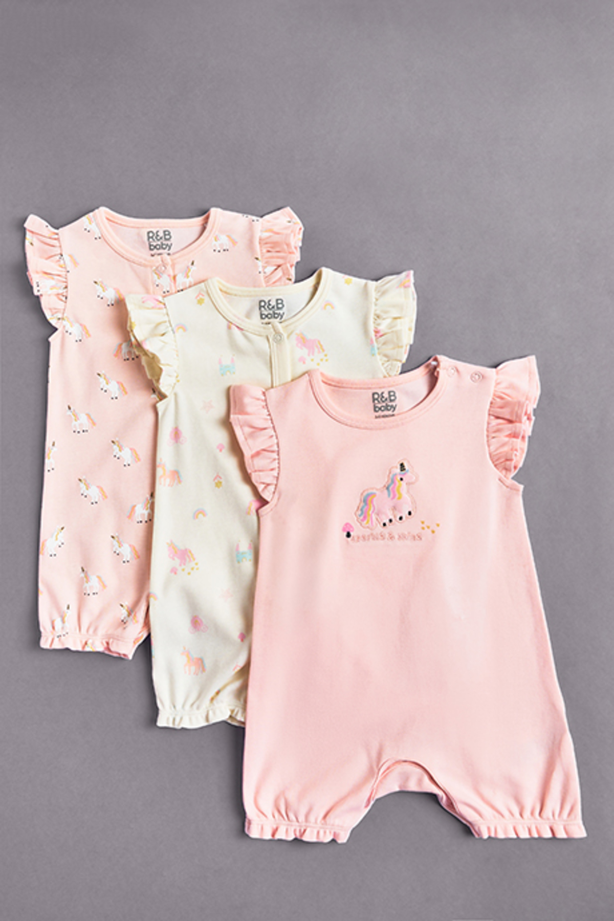R&B 3 Pack Embroidered Rompers with Crew Neck and Ruffle Sleeves