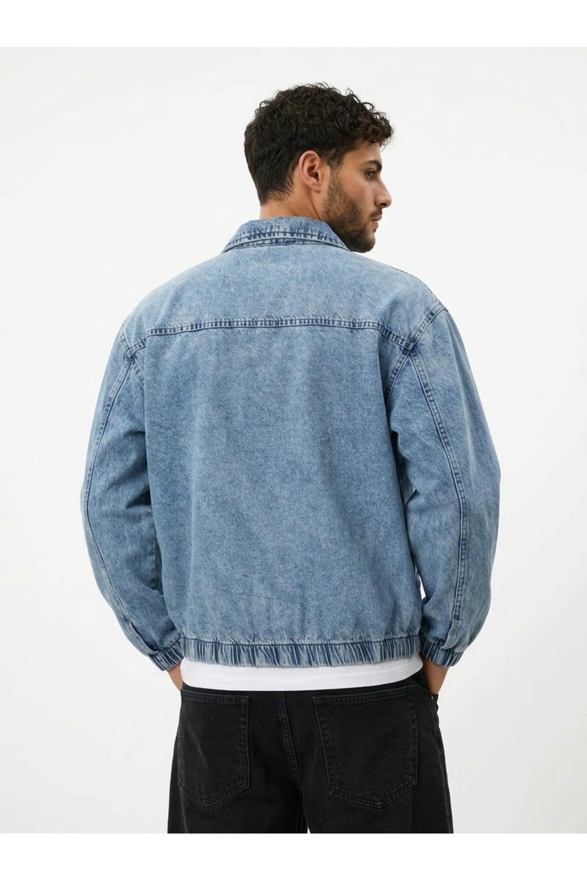 maroni Erkek Oversize Bomber Ceket Fermuarlı Basic Günlük Şık Kot Ceket görsel 4