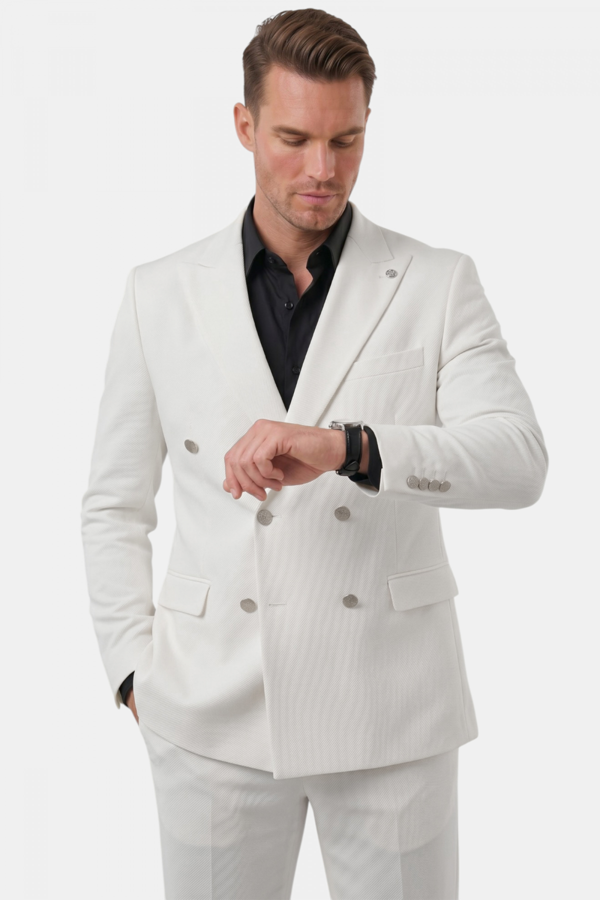 Erkek Beyaz Slim Fit Kruvaze Takım Elbise Likralı Çizgili Dokulu Metal Düğmeli 2600820 — سفید OWEEY2600820 — تصویر 2 از 6
