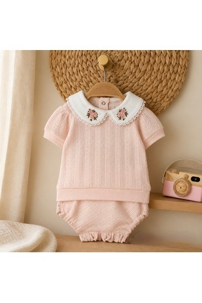 Beybifresh Kız bebek nakışlı çiçekli jakarlı takım