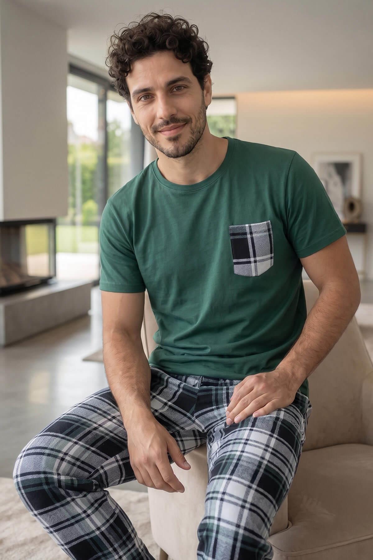 Pijamaevi Green Plaid Pocket Detail Short Sleeve Men's Pajama Set