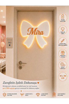 baskigo.com LED Işıklı Kişiye Özel Kurdele Kapı Süsü İsimli Bebek Odası Dekor...