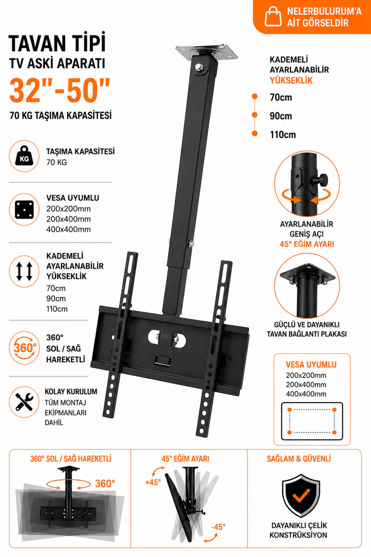 CEILING ROTATING TV BRACKET COMPATIBLE WITH ALL HIGH QUALITY MODELS (32" - 50")