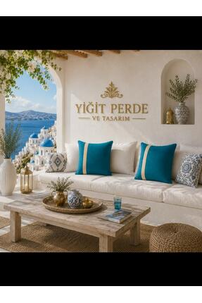YİĞİT PERDE TASARIM TURKUAZ RENGİ BEJ BİYE GEÇİŞLİ KADİFE DOKULU ÖZEL DİKİM İ...