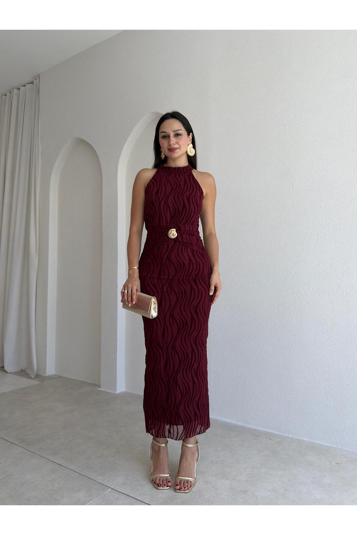 Mooi Butik  WİSTERİA Simli Midi Elbise 8959 - Bordo