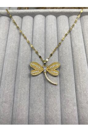 ZEYKU ACCESSORİES Kadın Gold Zirkon Taşlı Işıltılı Yusufçuk Figürlü Kolye