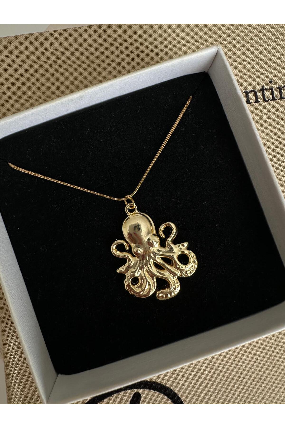 Ahtapot Charm Çelik Zincirli Gold Kadın Kolye (45 Cm) - Detay Görseli 4