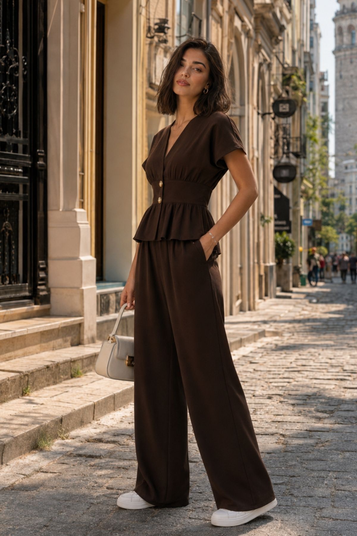 İpli Ženska bluza sa V-izrezom i dugmićima, set širokih pantalona