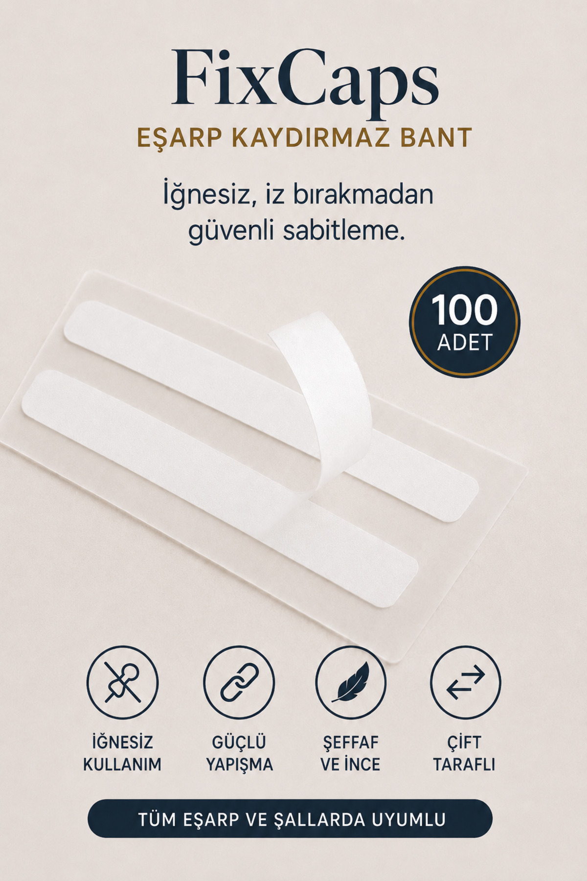 FixCaps Eşarp Kaydırmaz Çift Taraflı Sticker Bant-100’Lü Paket |İğnesiz Eşarp Sabitleme Çift taraflı Bandı görsel 2