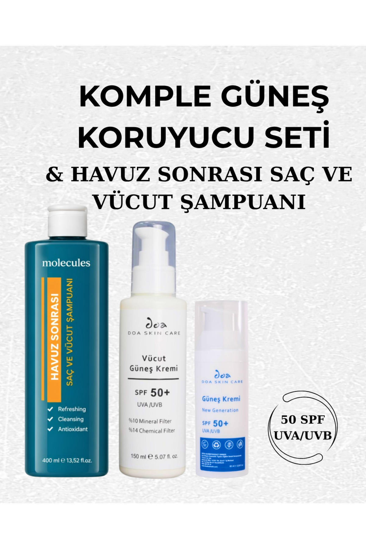 DOA KOZMETİK Komple Tatil & Plaj Bakım Seti - Havuz Sonrası Klor Arındırıcı Şampuan + Yüz Ve Vücut Güneş Kremi SPF 50+ — SYVGKS