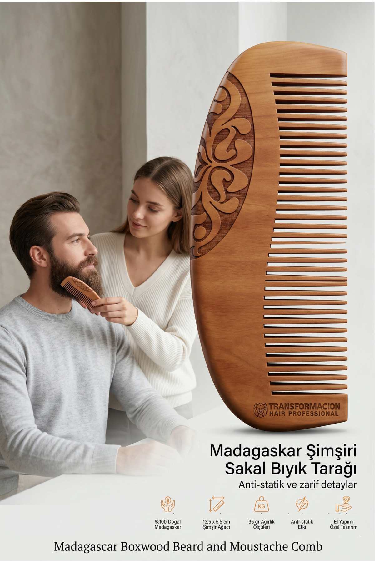 Transformacion Madagaskar Şimşir Sakal ve Bıyık Tarağı - Antistatik Ahşap Erkek Bakım Tarağı, Sakal Şekillendirici ve Yatıştırıcı El Yapımı Doğal Tarak — سفید 7430000722387