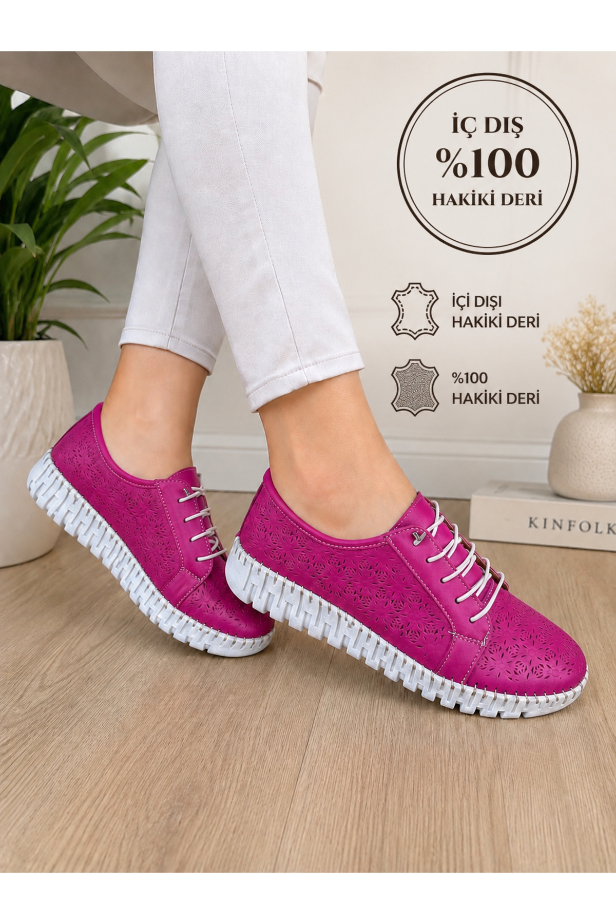Cooka Shoes Kadın Fuşya Renk İç Dış %100 Hakiki Deri Ortopedik Günlük Ayakkabı – Pembe