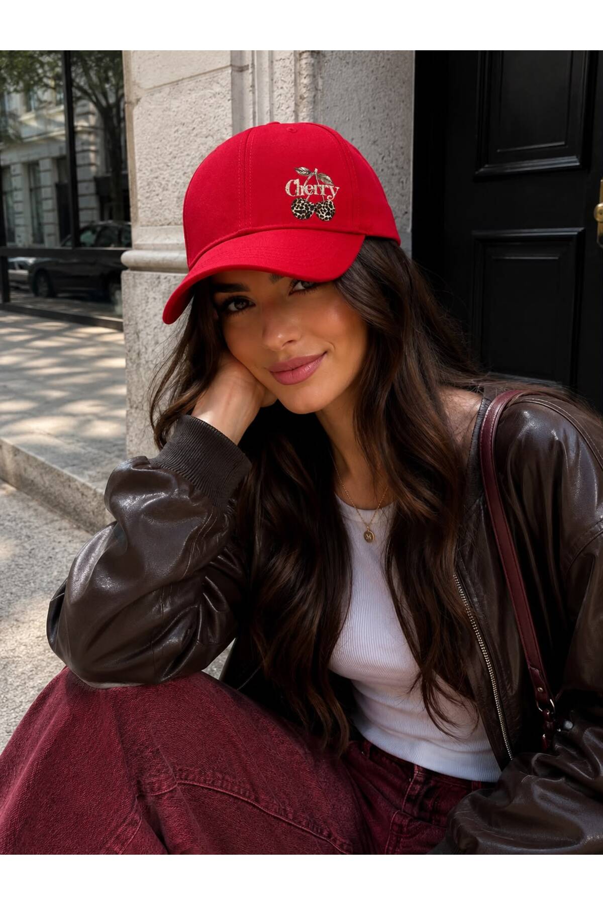 sf collection Cherry Baskılı Kadın Spor Şapka - Ayarlanabilir Pamuklu Cap görsel 3