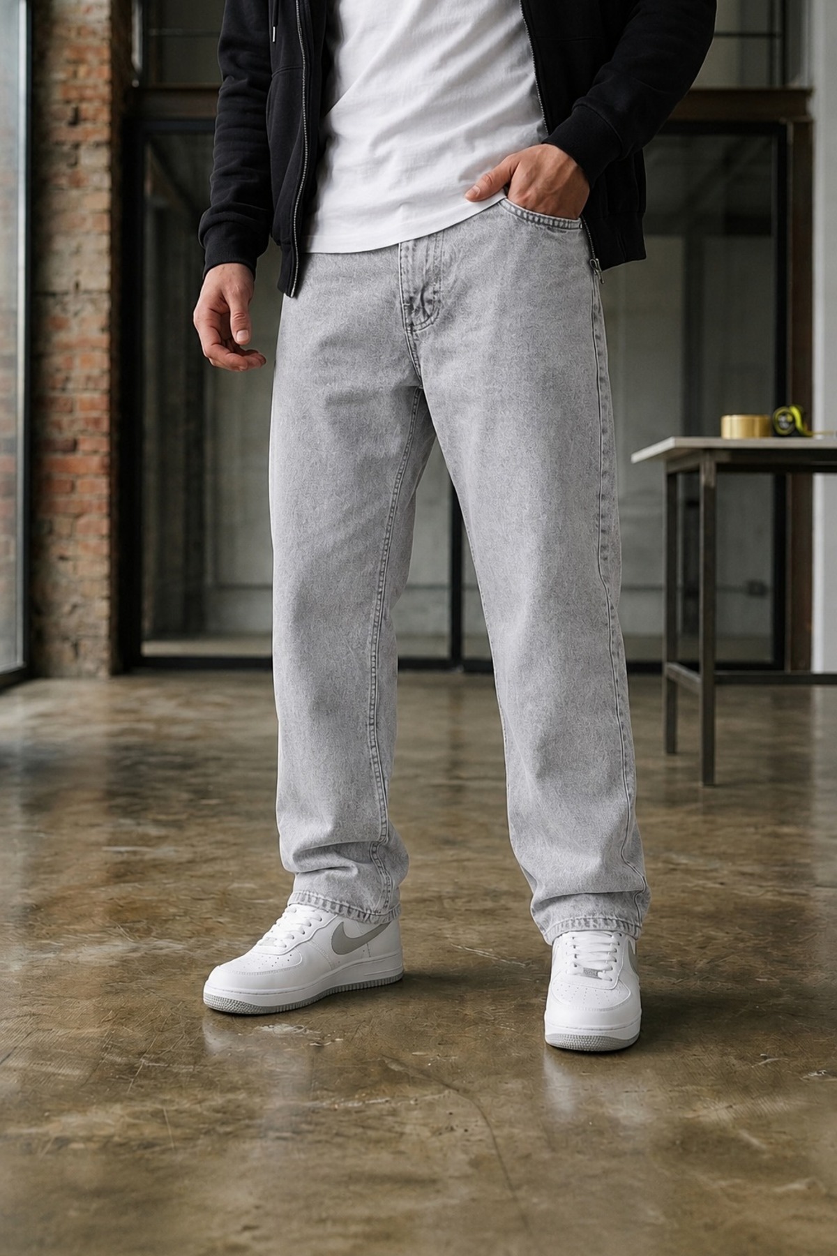 MODAMESTO Hellgraue Baggy-Jeans für Herren, weit geschnitten, lockeres Bein, ...