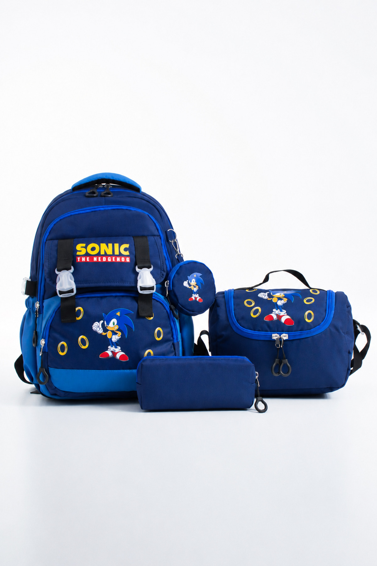 YOUOY Sonic 4-Piece School Bag Set Orthopedic Backpack - Twill Fabric, Thermal Lunch Bag, Pencil Case, and Wallet