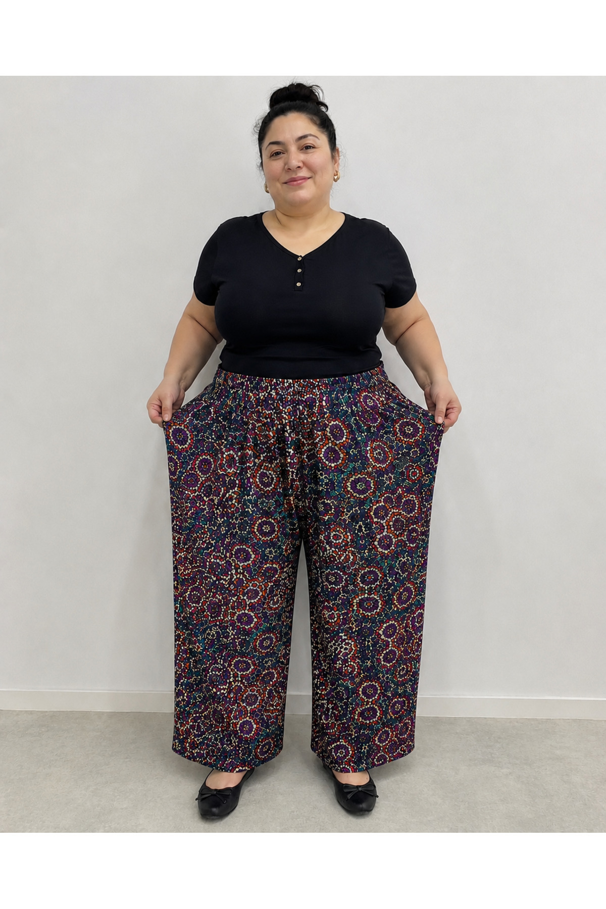 Store Büyük Beden Penye Kadın Şalvar Pantolon Rahat Kesim Cepli Çekmez Kumaş
