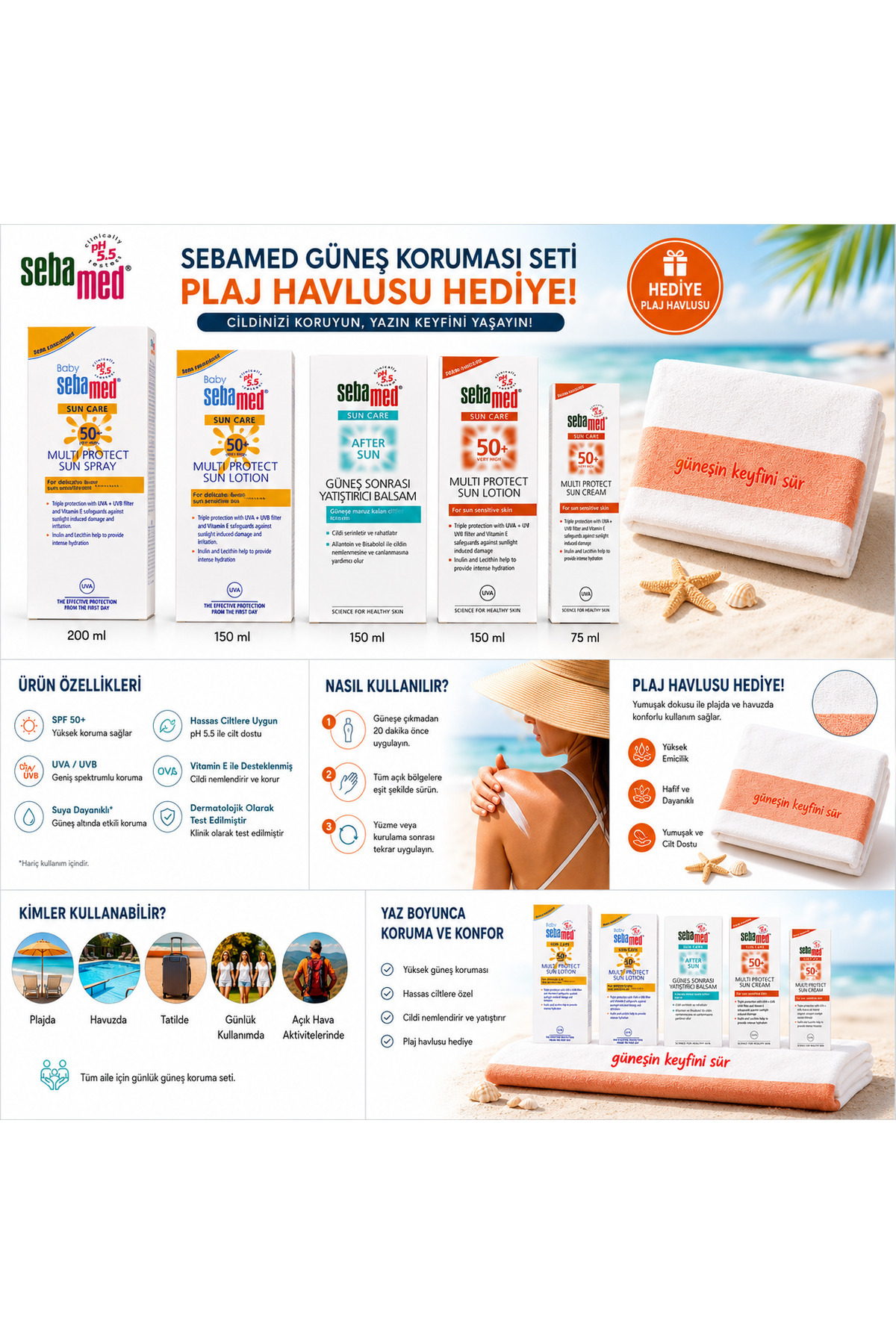 Sebamed Güneş Koruma SPF 50+ 4 Parça Güneş Kremi + 1 Parça Güneş Sonrası + Plaj Havlusu Hediye — SEBAMED5+HAVLU