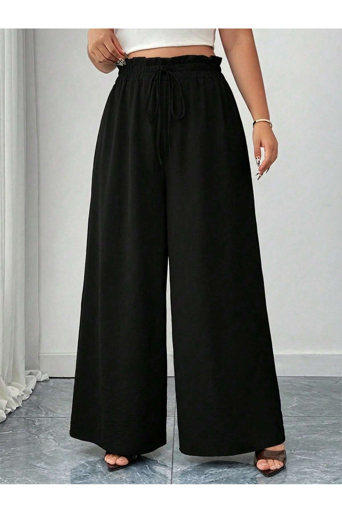 tuzu moda Büyük Beden Pantolon Bol Paça Büyük Beden Beli Lastikli Pantolon görsel 5