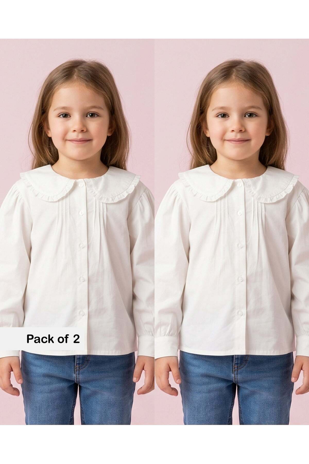REDTAG Girls White Frill Collar Long Sleeve Blouses (Pack Of 2)