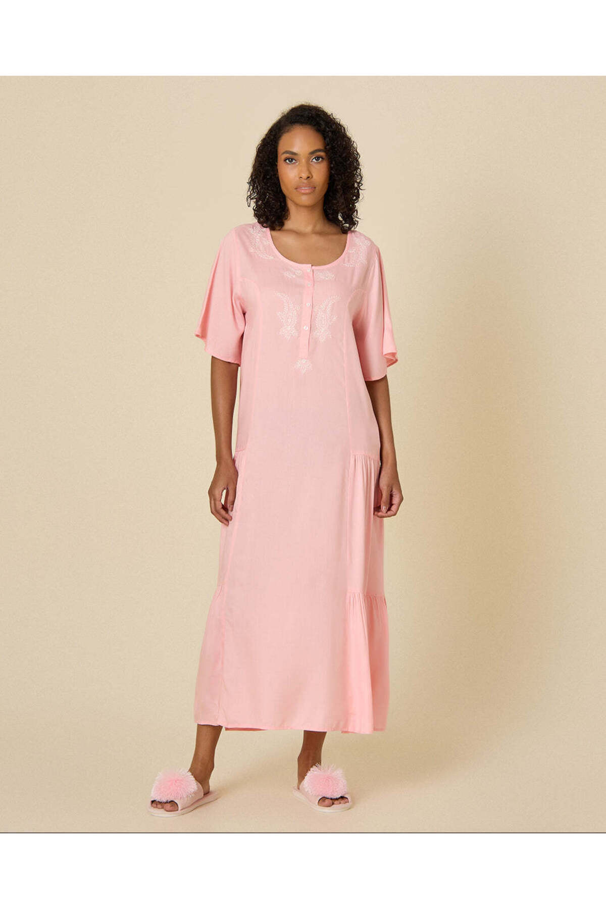 REDTAG Women Pale Pink Embroidered Rayon Nightgown
