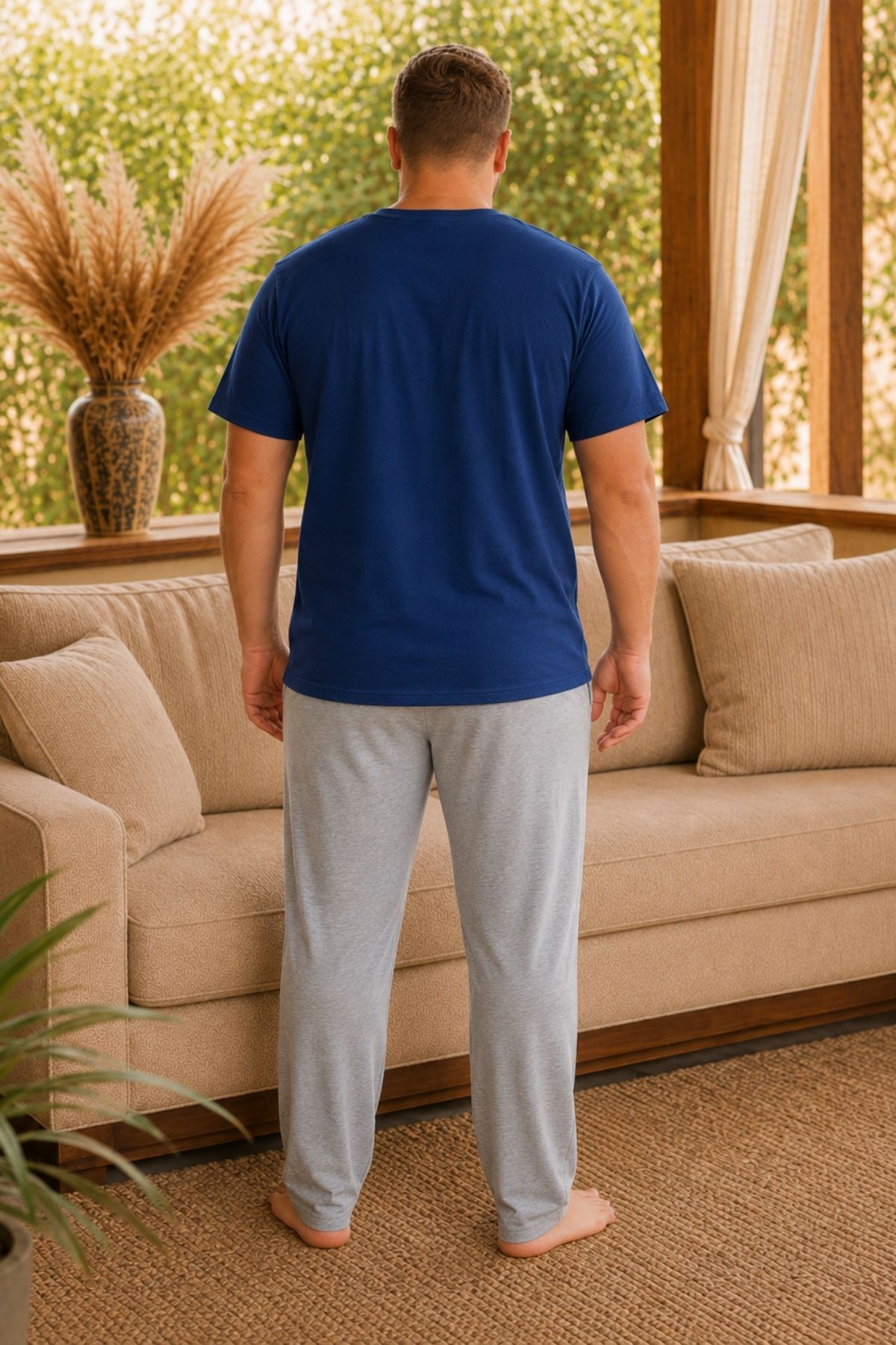 nisaNCa Büyük Beden %100 Pamuk Erkek Pijama Takımı 3XL-6XL Rahat Kalıp Kısa Kollu Ev Giyim görsel 4